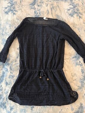 Black Crochet Tie-Waist Tunic Dress